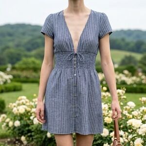 Listicle Pinstripe Mini Dress Women Large Blue Smocked Waist Lace Up Cottagecore